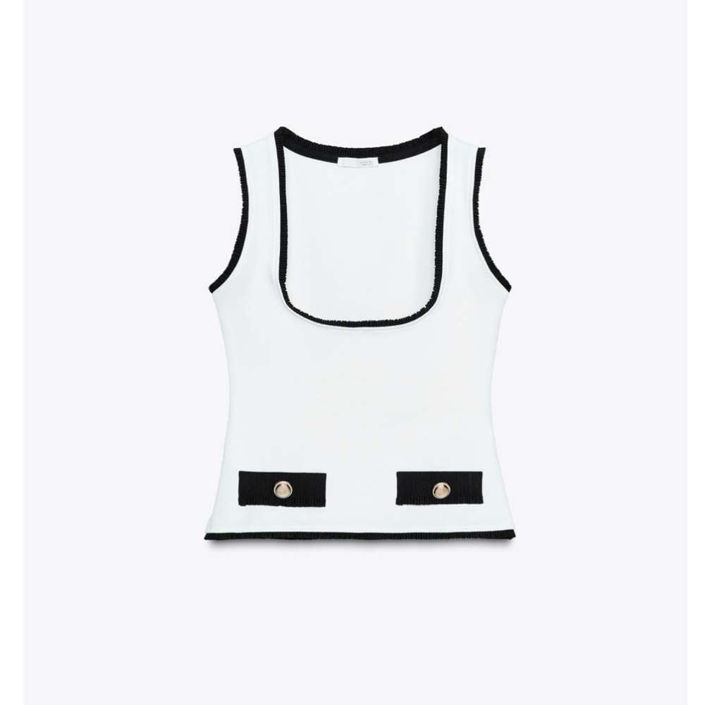 Zara White Tank Top with Black Trim and Gold Buttons